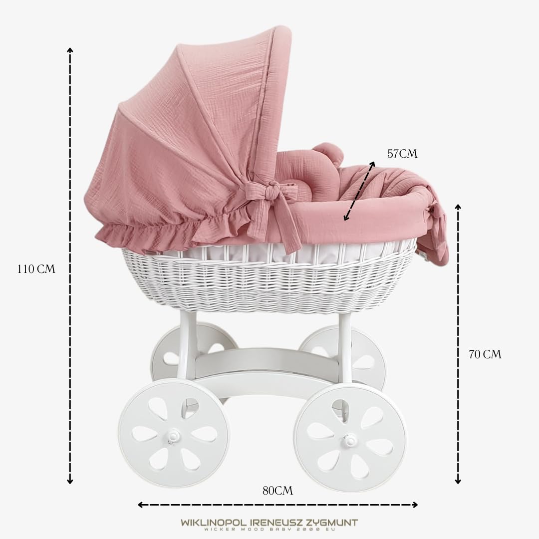 Wiklinopol Moisés de Mimbre para Bebé con Soporte de Madera y Ruedas Annabell – Cuna con Colchón y Ropa de Cama 5 Piezas Muselina Rosa – Cochecito Blanco para Recién Nacido