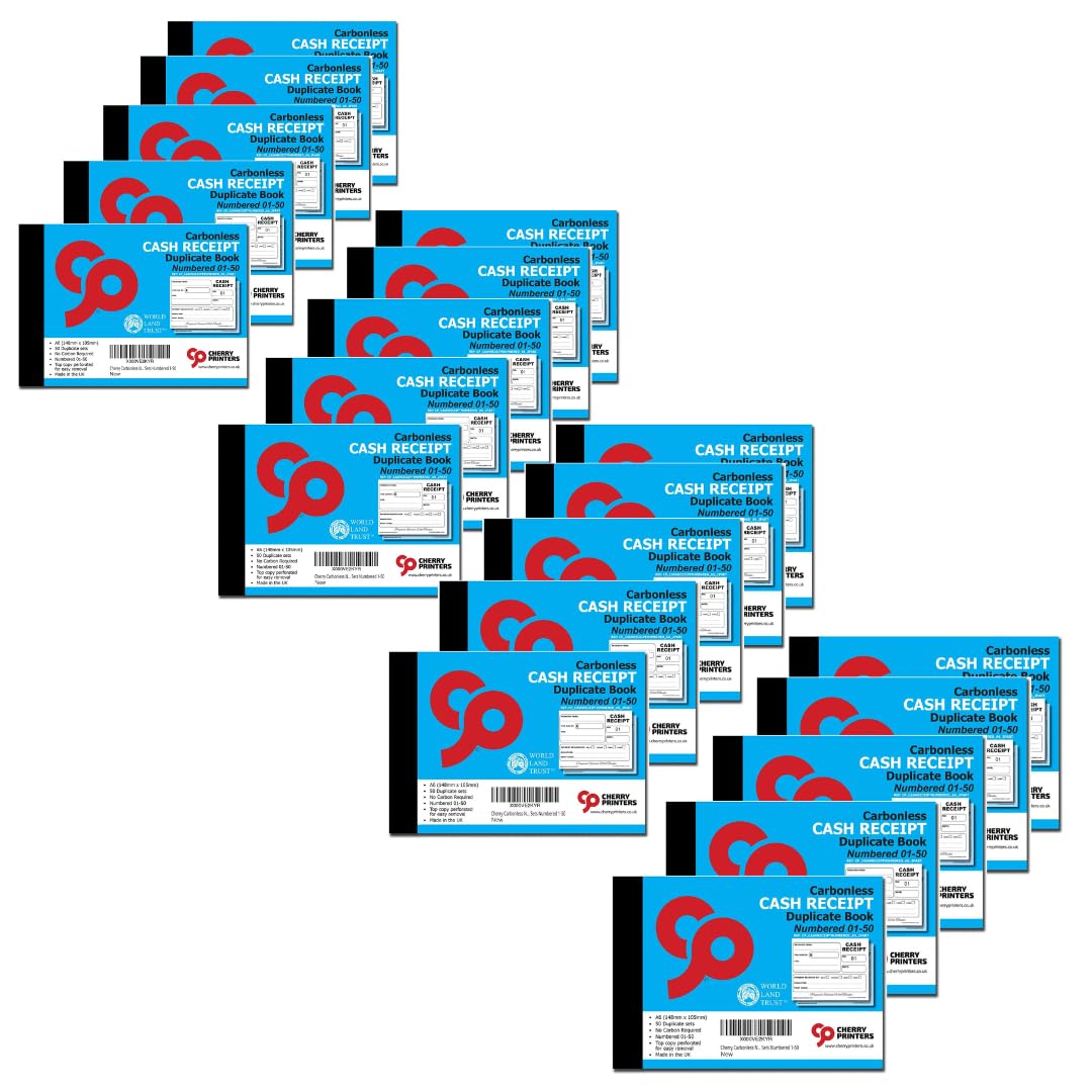 Cherry Printers Carbonless (NCR) Cash Receipt Book Duplicate A6 50 Sets Numbered 1-50 | A6 2 Part Receipt Book for Cash Payments | Perfect for The Self Employed and Taxis | Made in The UK **20 Pack**