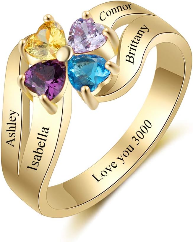 Lovejewelry Personalized Sterling Silver Mothers Rings with 4 Simulated Birthstones Engraved 4 Names Heart Rings for Women Customized Mom Family Rings