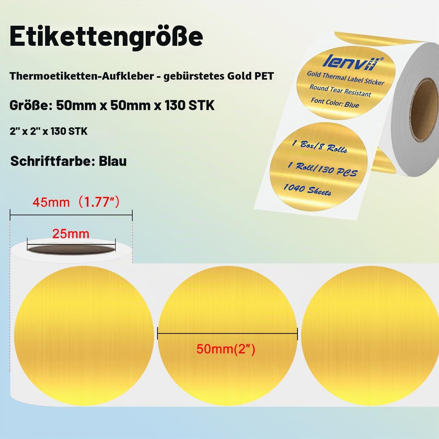 LENVII 50mm x 50mm Gold Rund Thermoetiketten(Blau Bedruckte) 1040 Etiketten