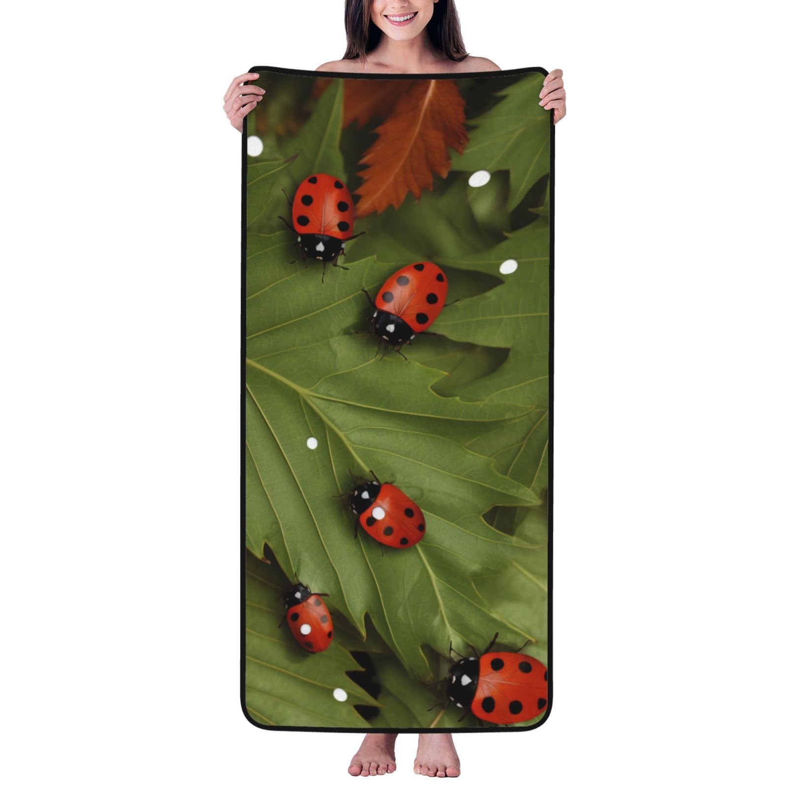 WPKJU Leaves and Ladybugs Printed Bath Towel with Black Edging - 27x55 in Soft Extra Absorbent Coral Velvet Shower Towels for Bathroom