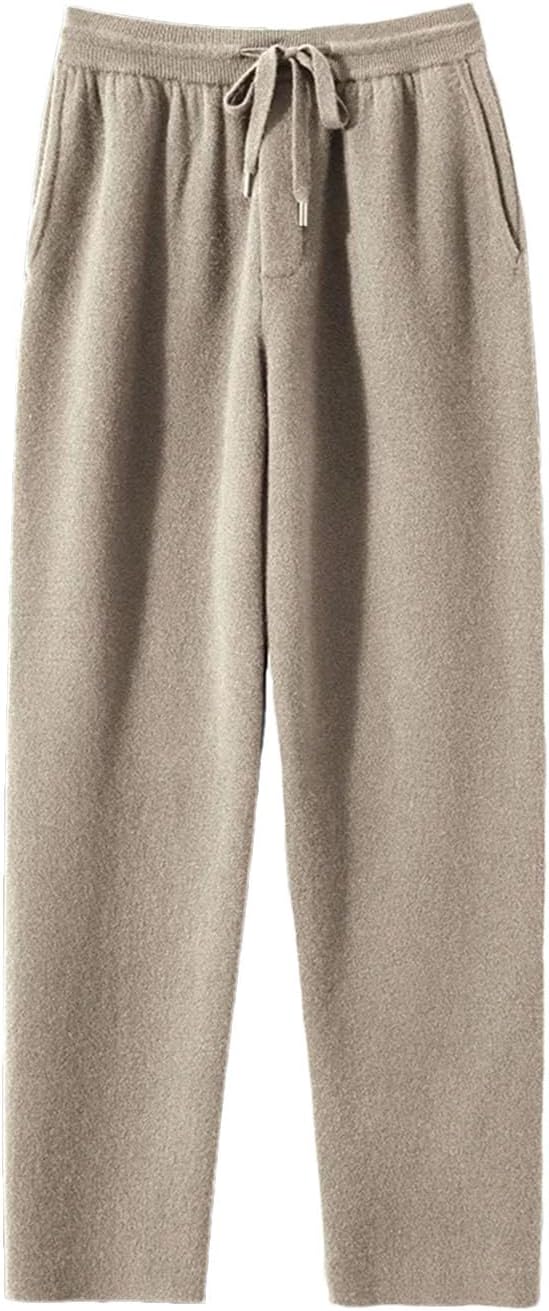 Men's 100% Cashmere Knitted Pants Winter Soft Warm Jogger Sweatpants Elastic Waist Drawstring Wide Leg Pants