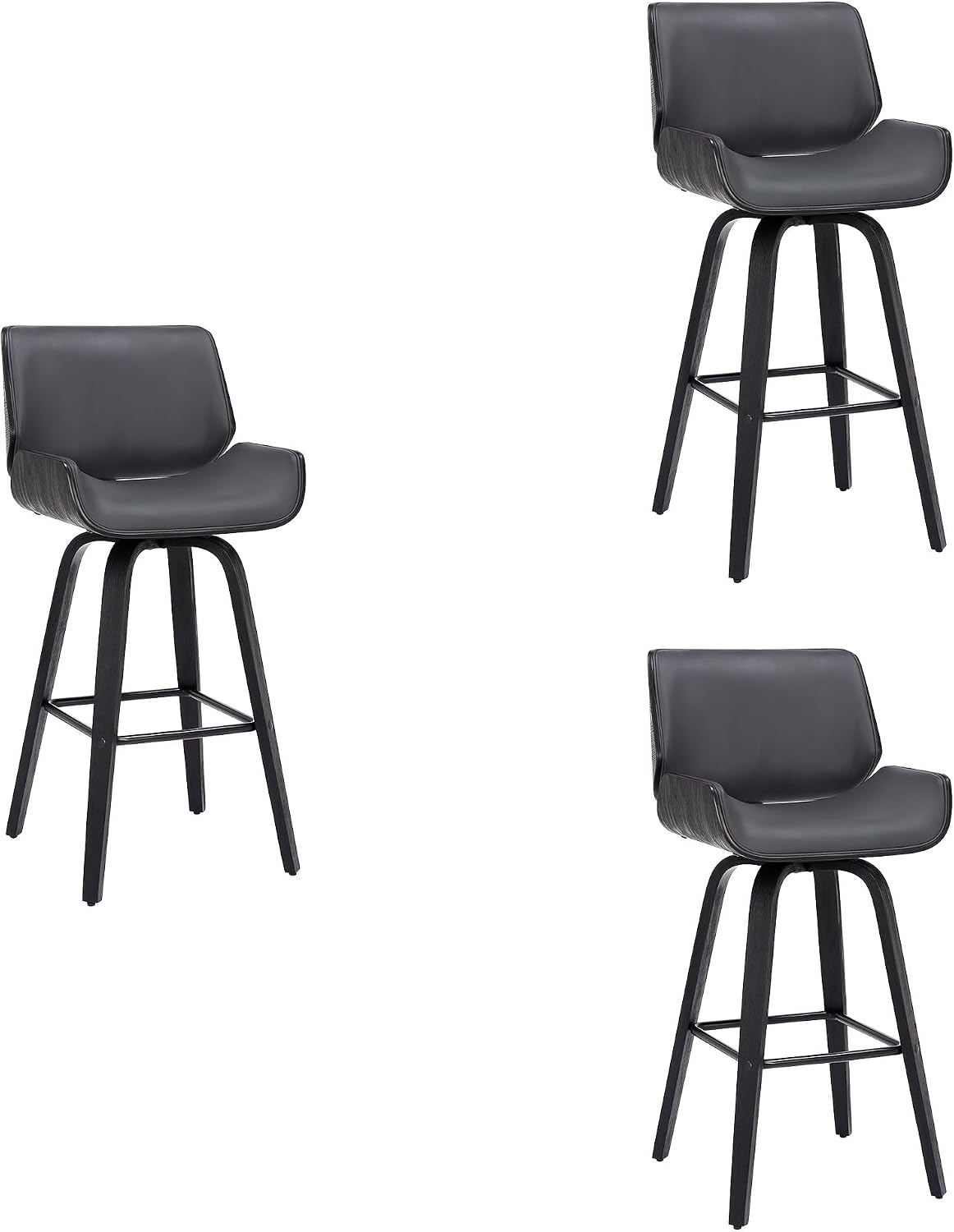 Armen Living Tyler 26" Counter Height Swivel Gray Faux Leather and Black Wood Bar Stool - Set of 3