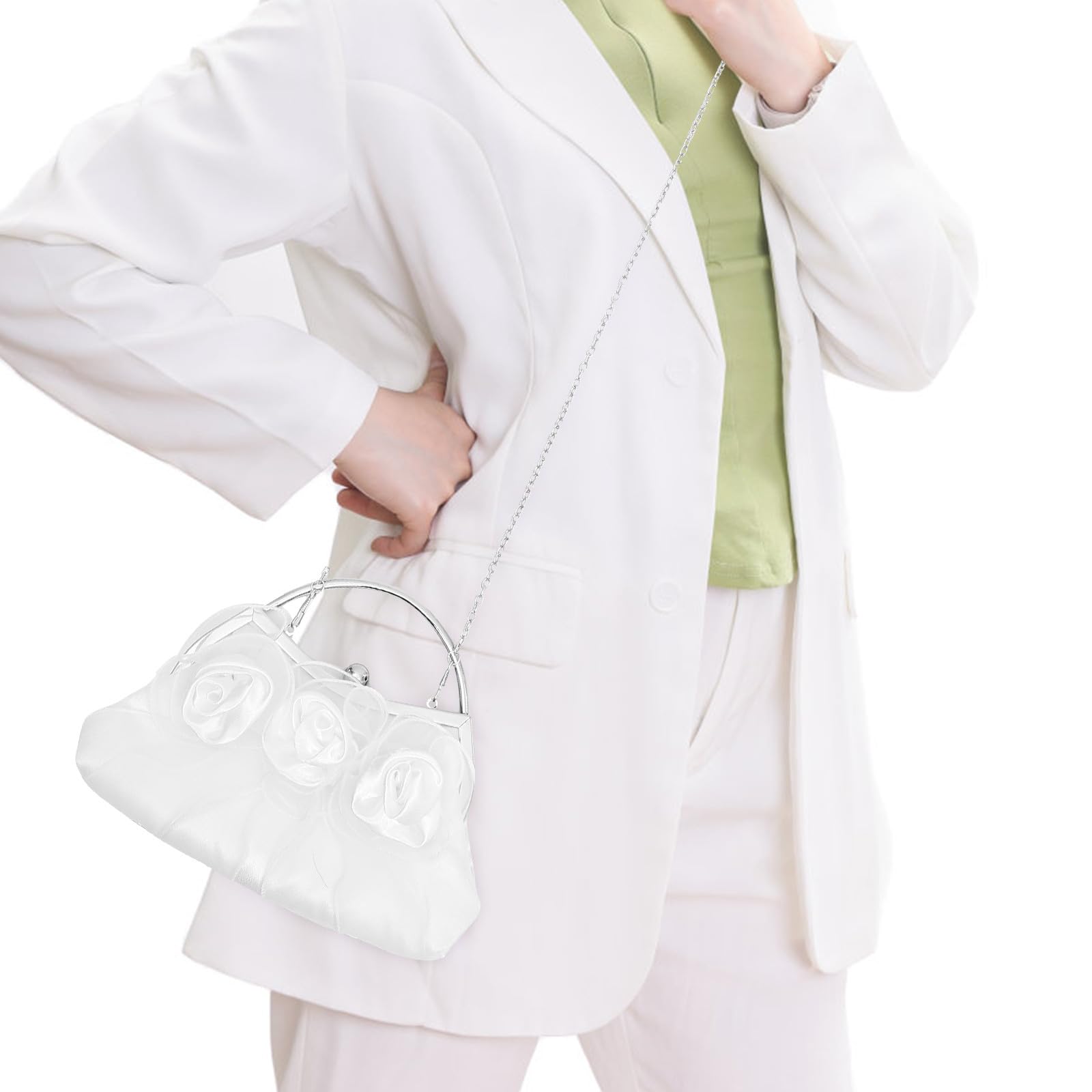 Outanaya Borsetta Donna Tracolla Removibile e Catena Staccabile Bianco con Design in Satin e Metallo per Cocktail Party e Cerimonie
