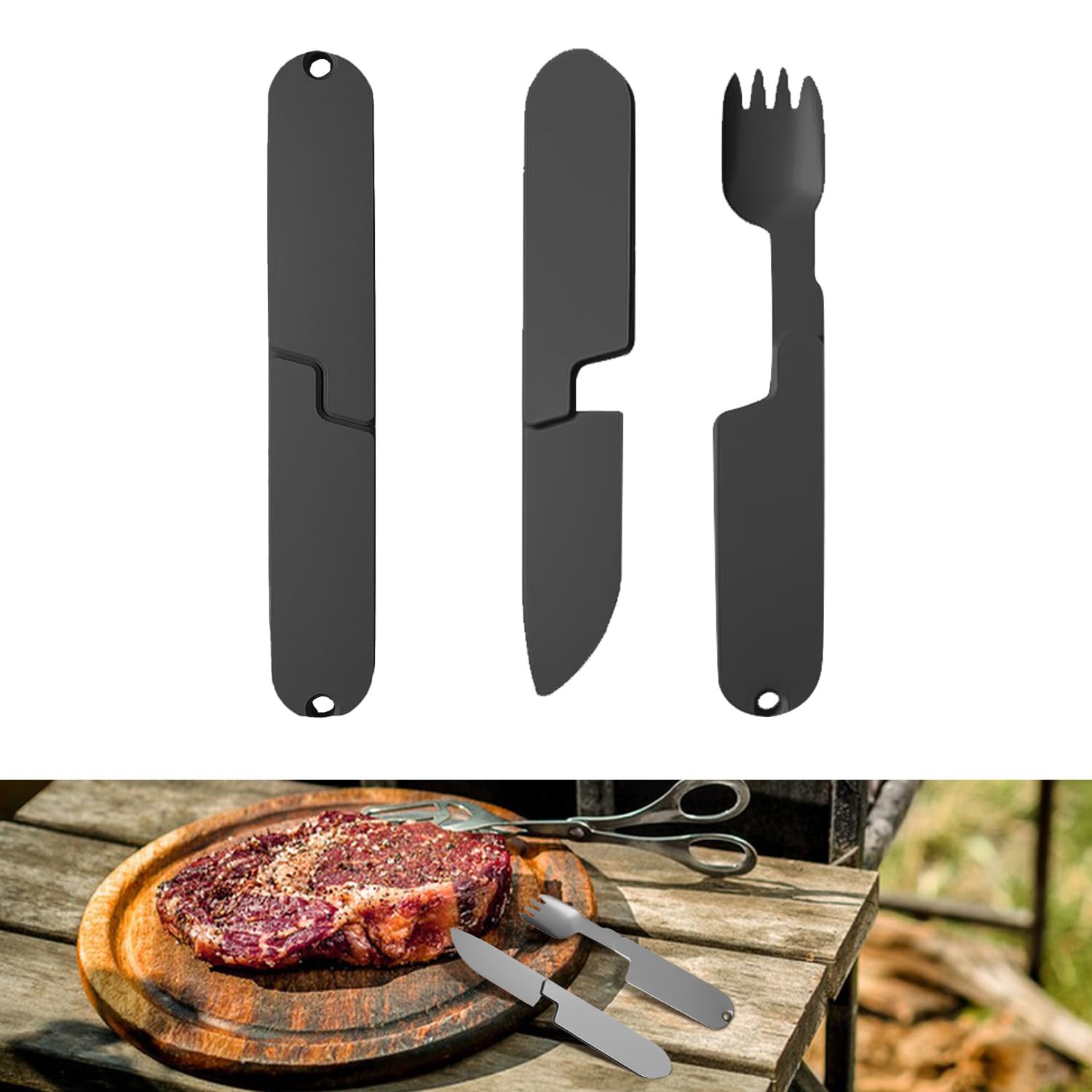 Camping Knife Fork & Spoon Set 3 in 1 Portable Camping Eating Utensils Set for 1 Multifunction Detachable Reusable Travel Cutlery Tools for Outdoor Hiking Climbing