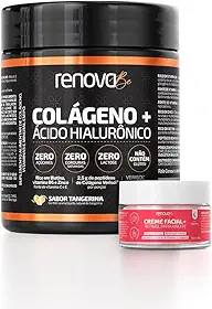 Renova Be Colágeno Hidrolisado + Ácido Hialurônico com Verisol Zero Lactose Vitamina E, C, Vitamina B6, B7 Biotina e Zinco Sabor Tangerina + creme facial retinol