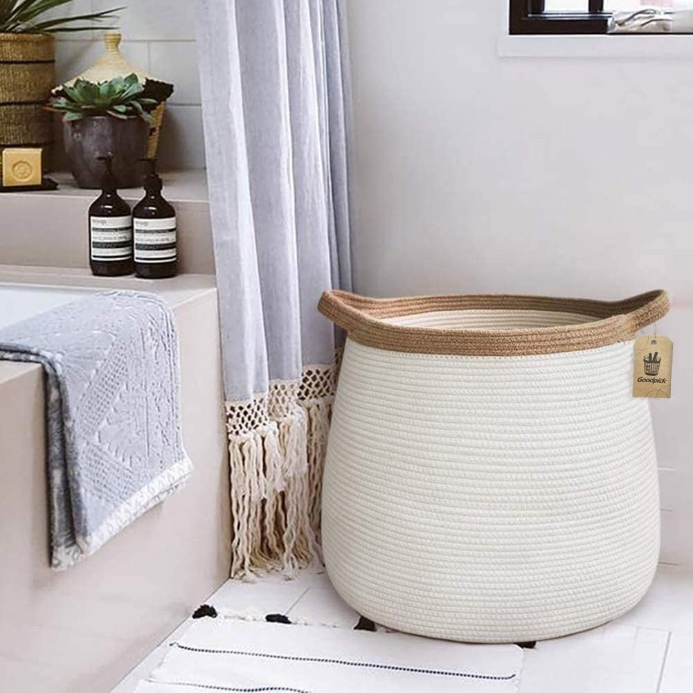 Goodpick Wicker Basket | 17.71" x 17.71”Boho Laundry Basket Storage Basket for Toys, Towels, Blankets Farmhouse Weave Rope Basket