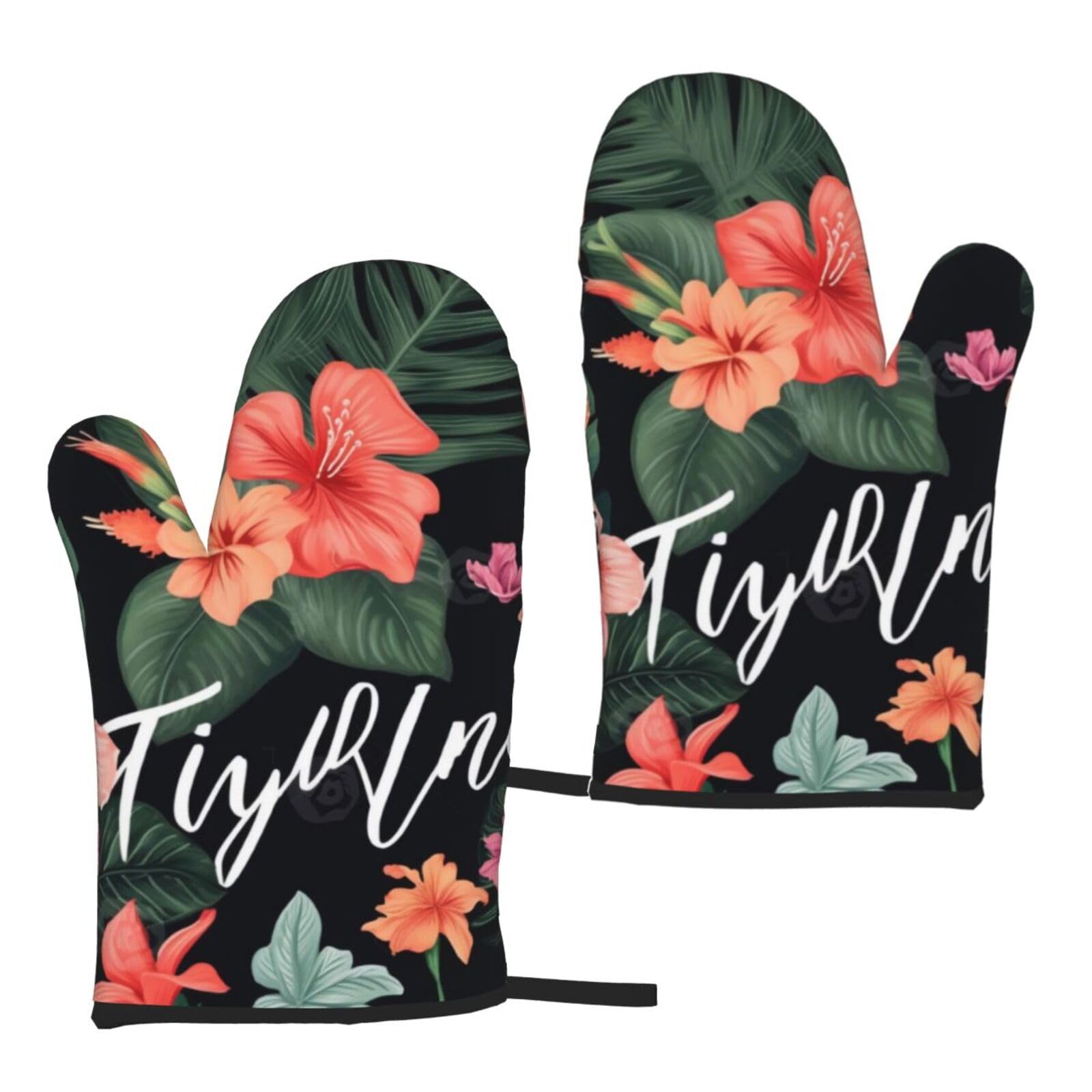 Tropical Flower Palm Leaves Printed Oven Mitts Sets 2 PCS Heat Resistant and Non-Slip Glove Potholder for Kitchen Cooking Baking Grilling