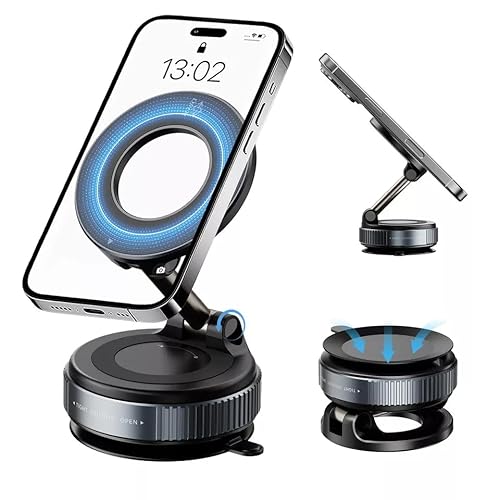 Vacuum Magnetic Car Phone Holder, Adjustable 360° Ultra Strong Vacuum Suction Cup, Foldable and Retractable Hands-Free for Car/Gym/Mirror/Smooth Surface, Compatible with iPhone Android (Black)
