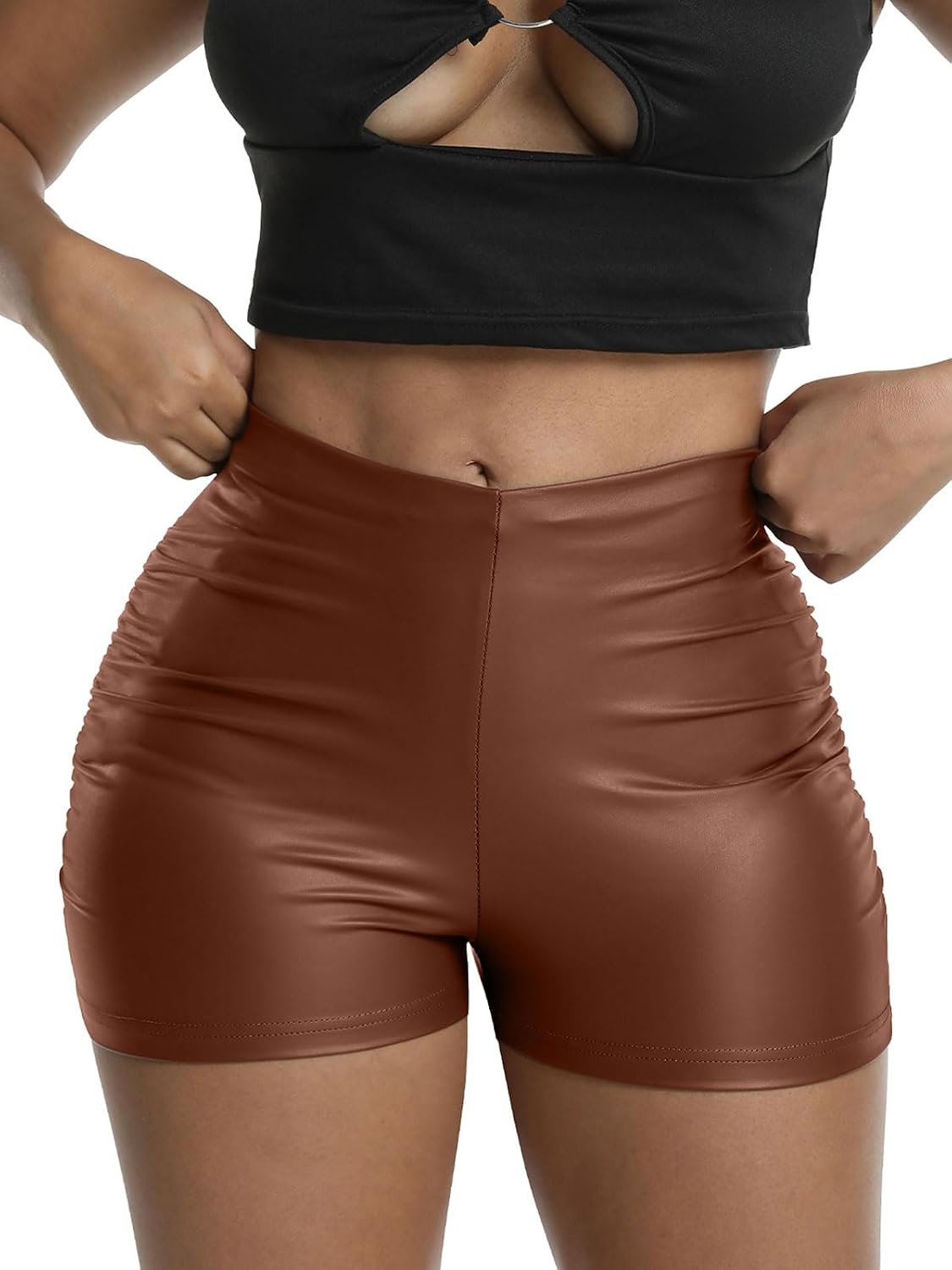 Women's Ruched Faux Leather Shorts High Waist Sexy Stretch Mini Booty Hot Shorts