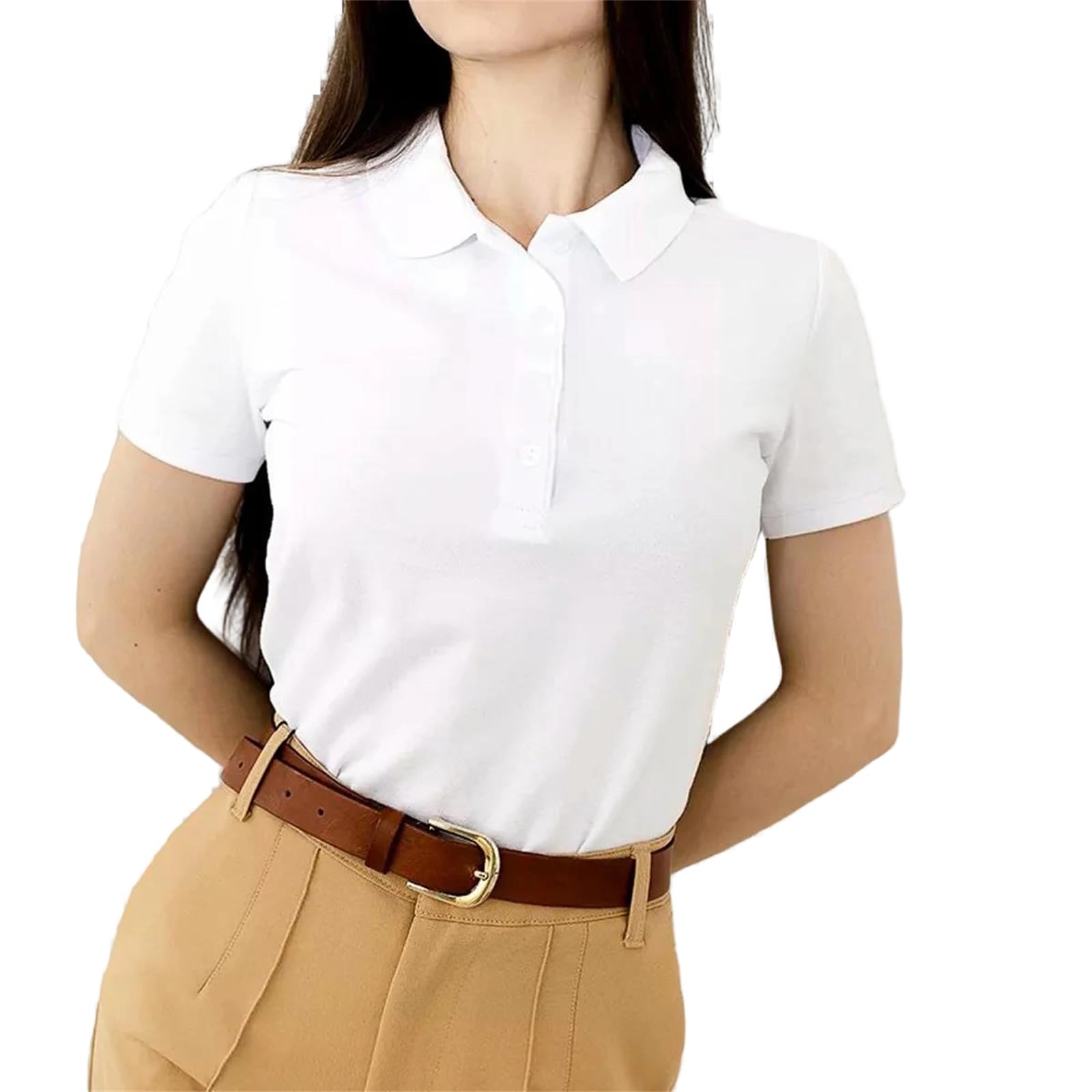Genérico Polo Deportivo de Manga Corta para Mujer, Liso, con Cuello Vuelto, Transpirable, Ligeramente elástico, Informal, para Negocios (Blanco pequeño)