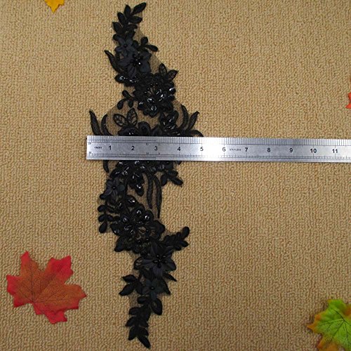 Trimscraft Sequin Beaded Appliques Pair Alencon Lace Flowers Pattern Rayon Embroidered On Mesh Backing For Lyrical Dance, Bridal, Ballet, Headpieces, Costumes Pr 5"X15" Pack Of 1 Pair (Black) #TOP2