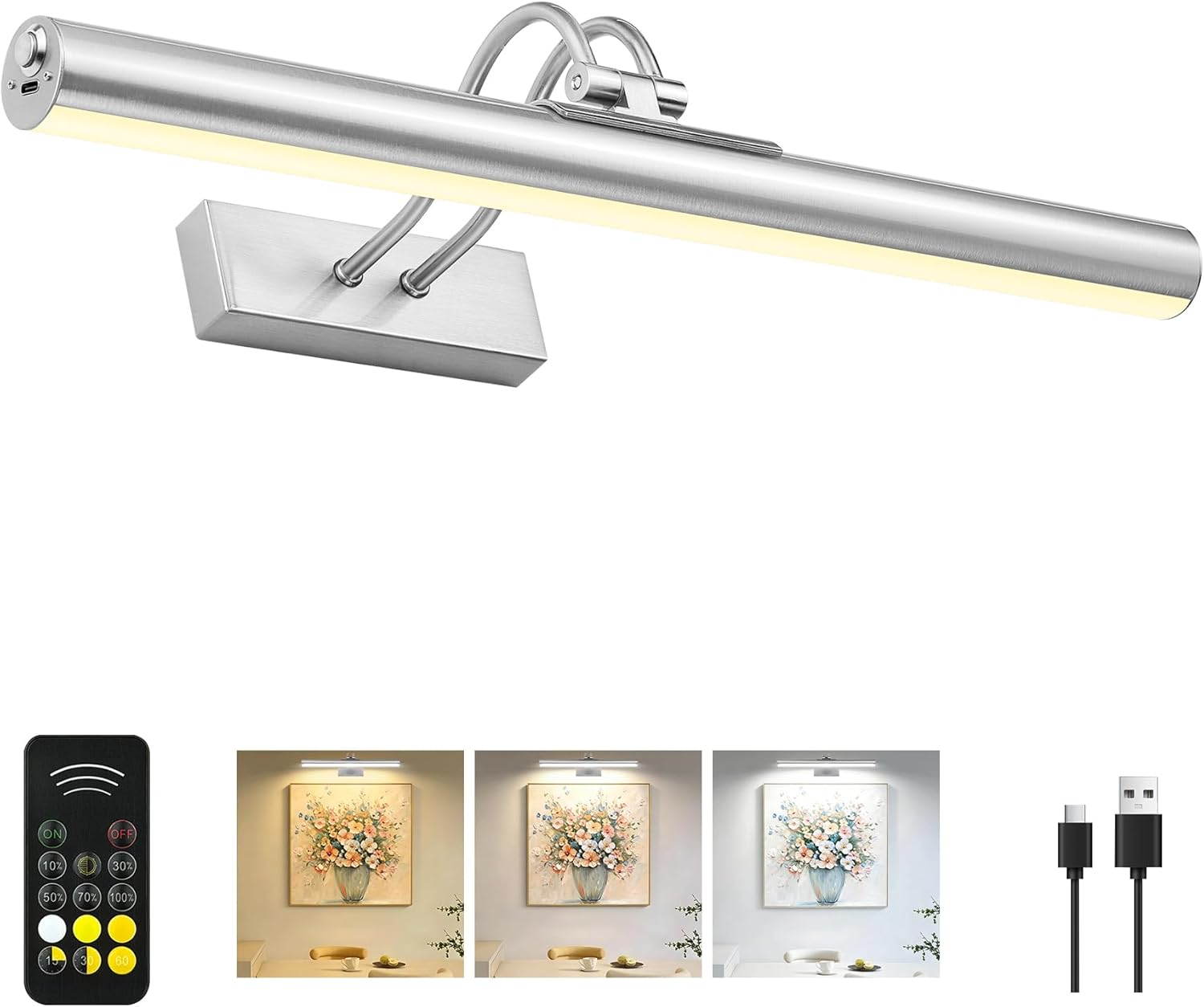 RAIFOOLLY Picture Light,Magnetic Cordless Wall Light,16inch Art for Painting Light,5000mAh Battery Accent Light with Remote Timer and Dimmable for Display, Frame, Portrait, Artwork-Nickel