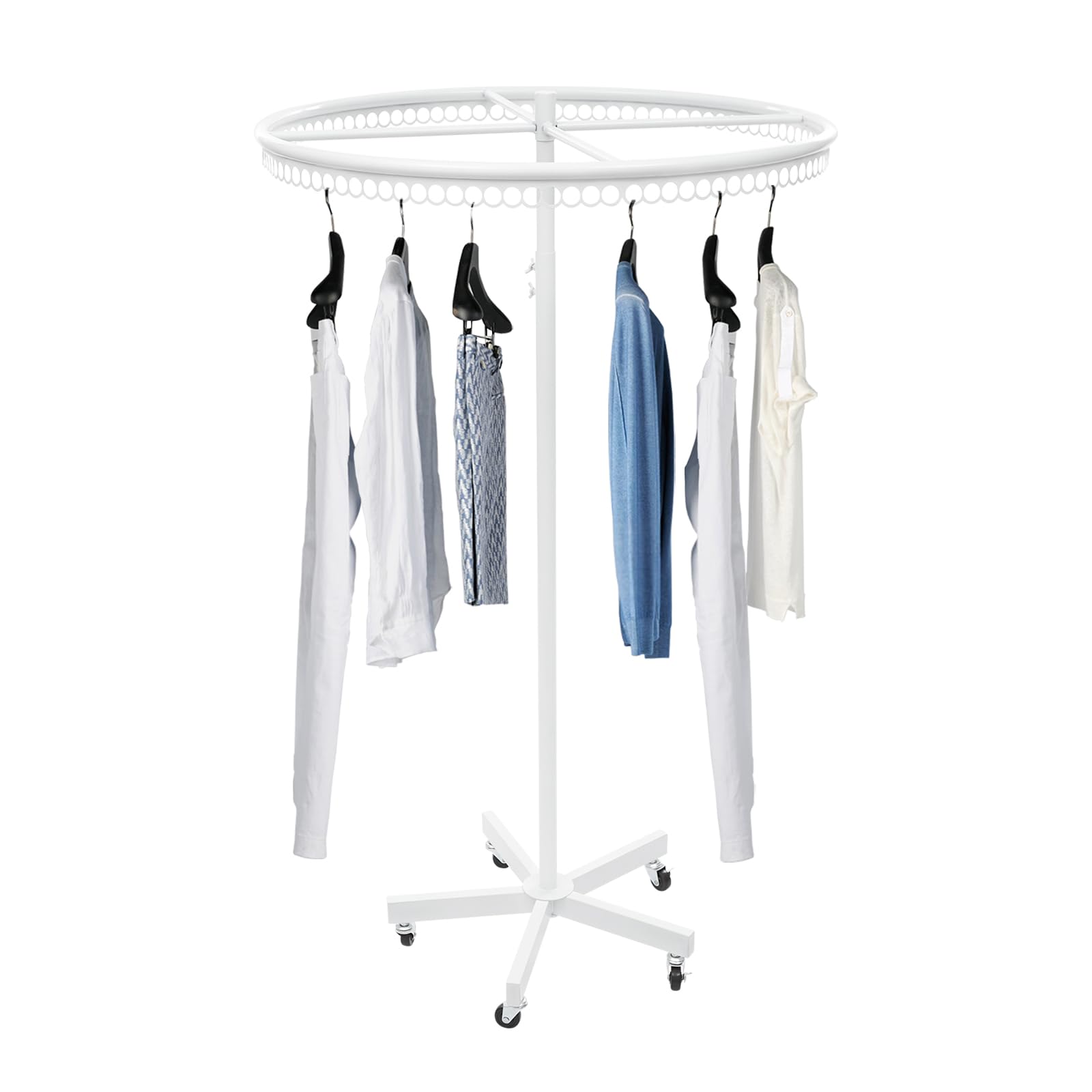 JKJZSALJ Adjustable Rotating Garment Rack With Wheels-Metal Clothing Display Stand For Retail Boutiques & Laundry Room-Height Adjustable,Floor Standing,White
