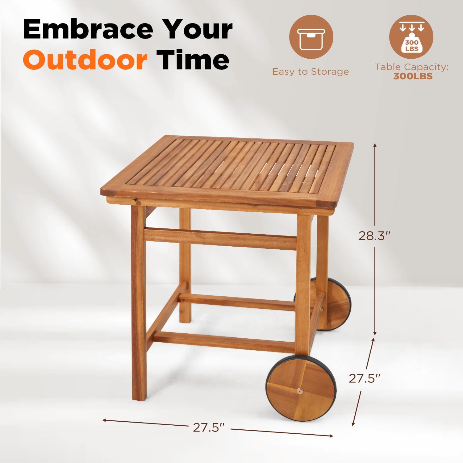 Acacia Wood Outdoor Dining Table for 4, Foldable Top Patio Table with Wheels, Heavy Duty Farmhouse Table for Backyard, Deck, Porch & Poolside