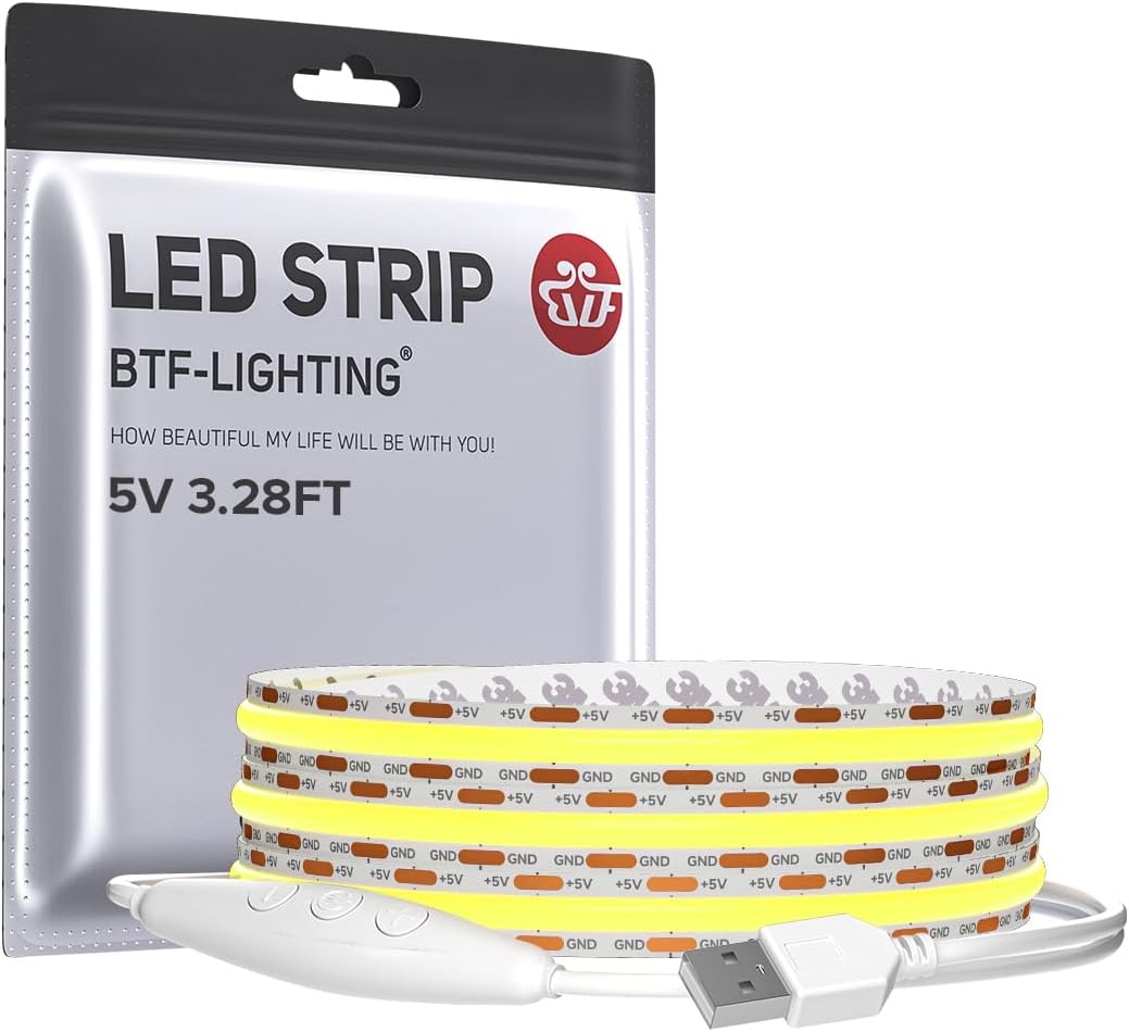BTF-LIGHTING FCOB LED Strip Lights USB Powered 3.3ft/1m 320LEDs COB FOB Dimmable Natural White 90+ Hight CRI 5V 7W Flexible High Density for TV Backlight PC Bedroom Kitchen Home DIY Decoration