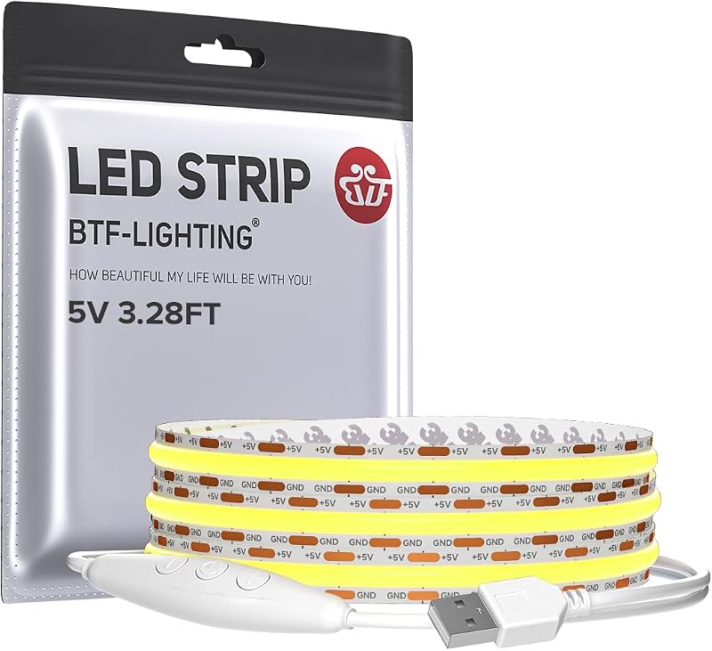 Tira de luces LED COB USB de 5 V 3.28 pies blanco natural 4000 K | Tira de luz LED Flexible regulable superbrillante con cinta fuerte de 3M para impresora 3D, retroiluminación de TV, gabinete, cocina, iluminación del hogar
