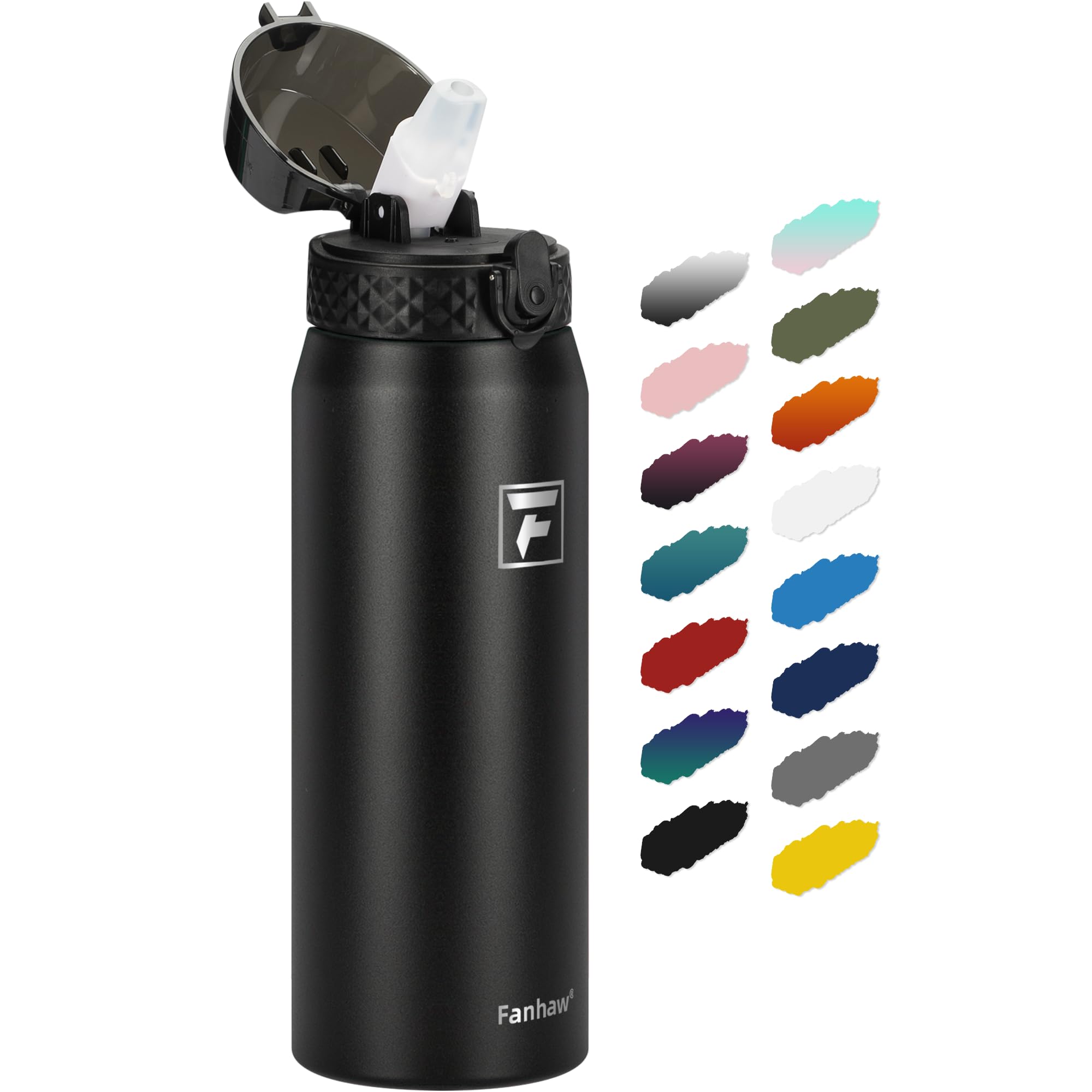 Fanhaw 24oz Kids Stainless Steel Water Bottle with Straw Lid, Black