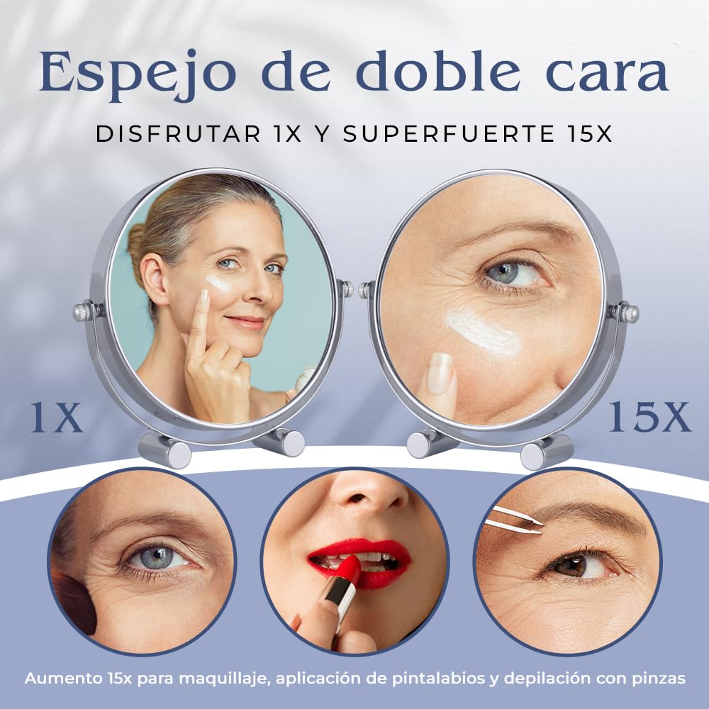 Mirrorvana Espejo de tocador con Aumento 15X para maquillarse - diseño de Doble Cara 15X y 1X - Ideal para Escritorio, tocador o exposición en Tiendas - 15 cm de Alto x 17 cm de Ancho (Cromo)