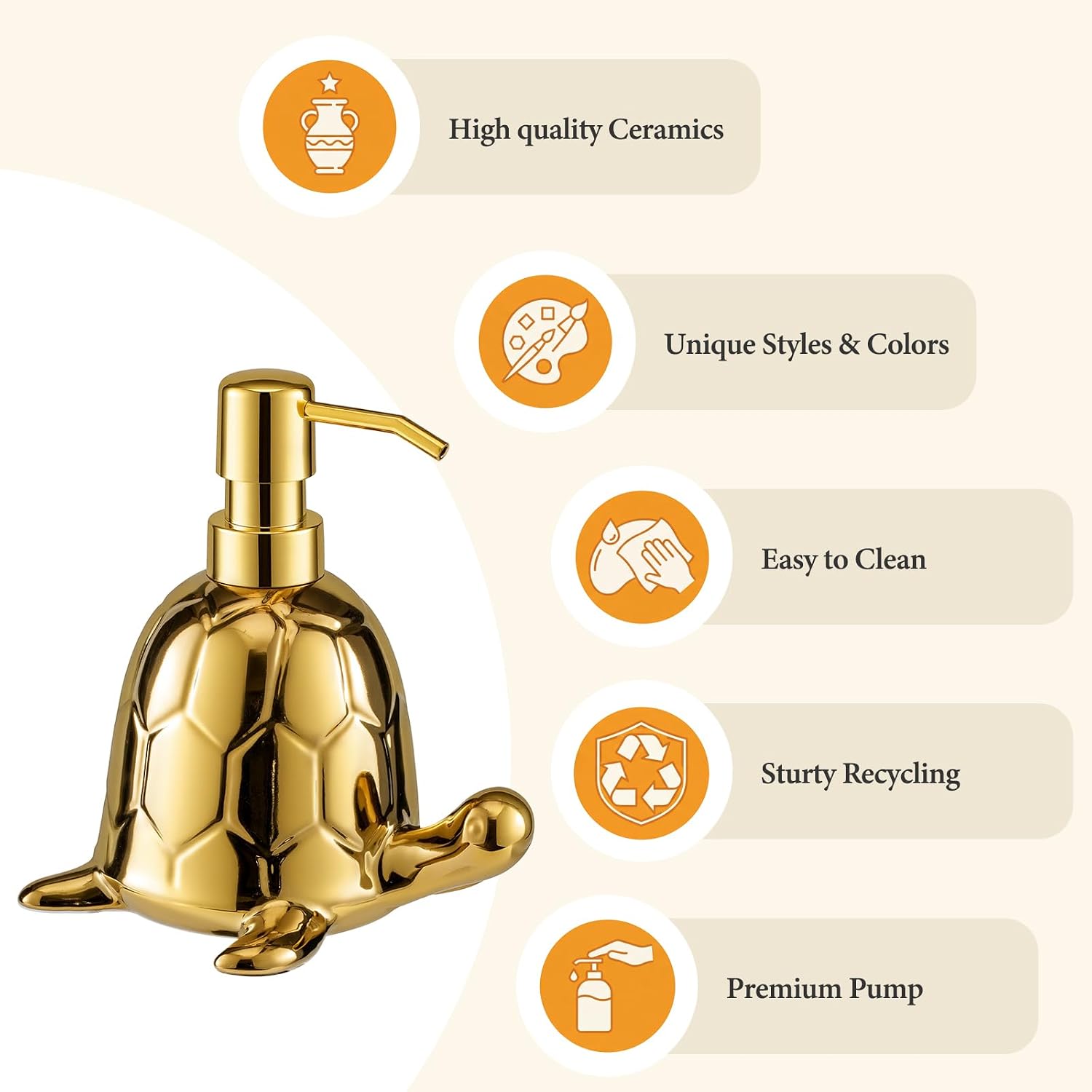 Gold Ceramic Turtle Soap Dispenser - 12oz Hand Soap Dispenser for Bathroom & Kitchen, Refillable Lotion Dispenser for Shampoo, Dish Soap, Essential Oils image 4