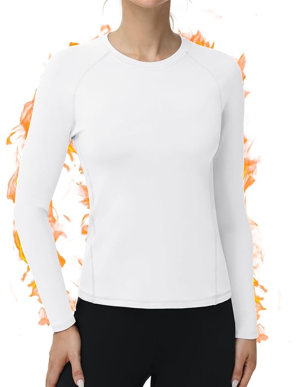 RIKUAOU Long Sleeve Thermal Shirts for Women, Fleece-Lined Undershirts Base Layer Tops for Running Workout Cold Weather White by RIKUAOU - Used condition - Image 2