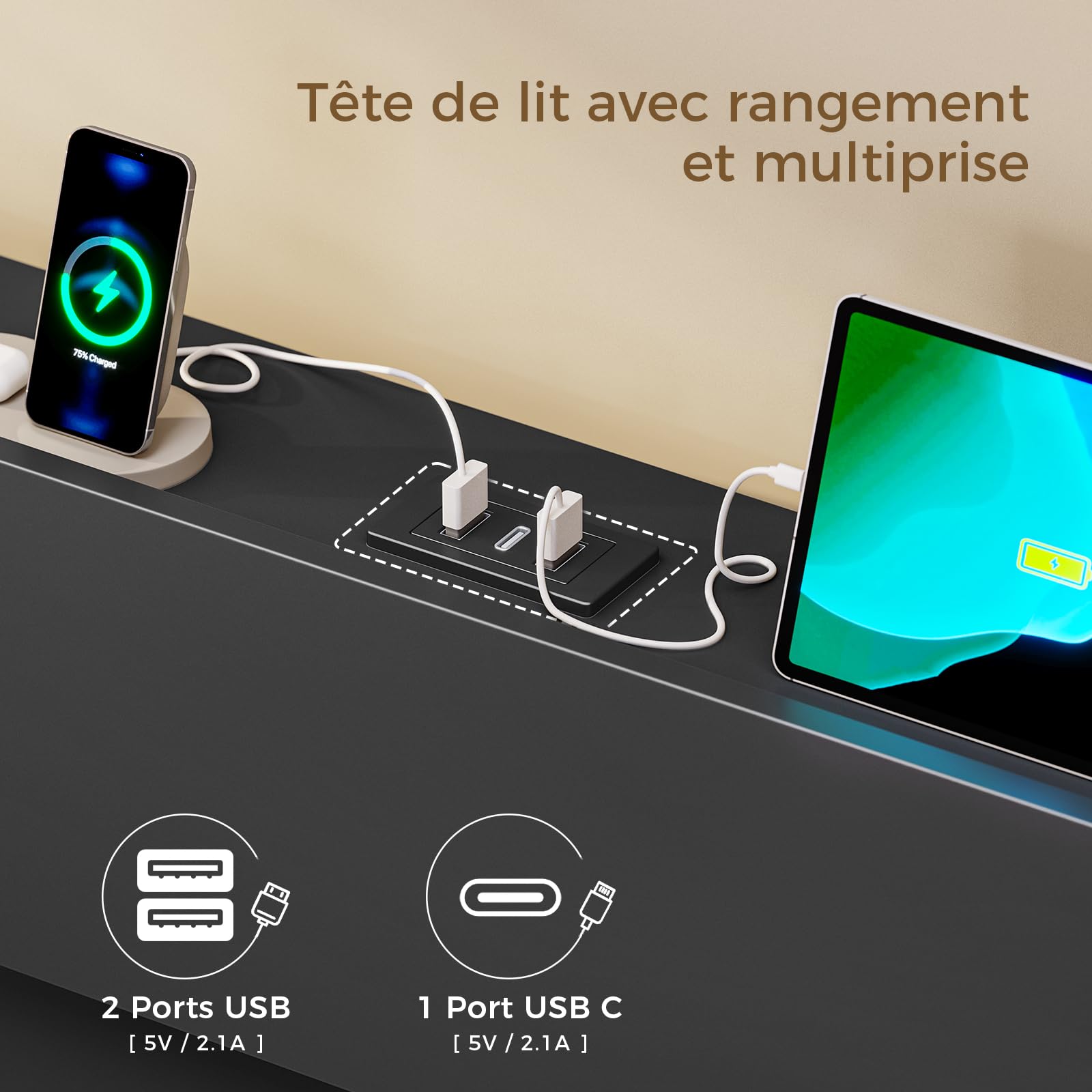 KIMENICH Lit 140x200 avec Sommier Métal, Lit Double avec 3 Rubans LED Réglables et Multiprise, Cadre de Lits avec Étagère Ouverte et Rangement sous Le Sommier 140x200, sans Matelas, Noir