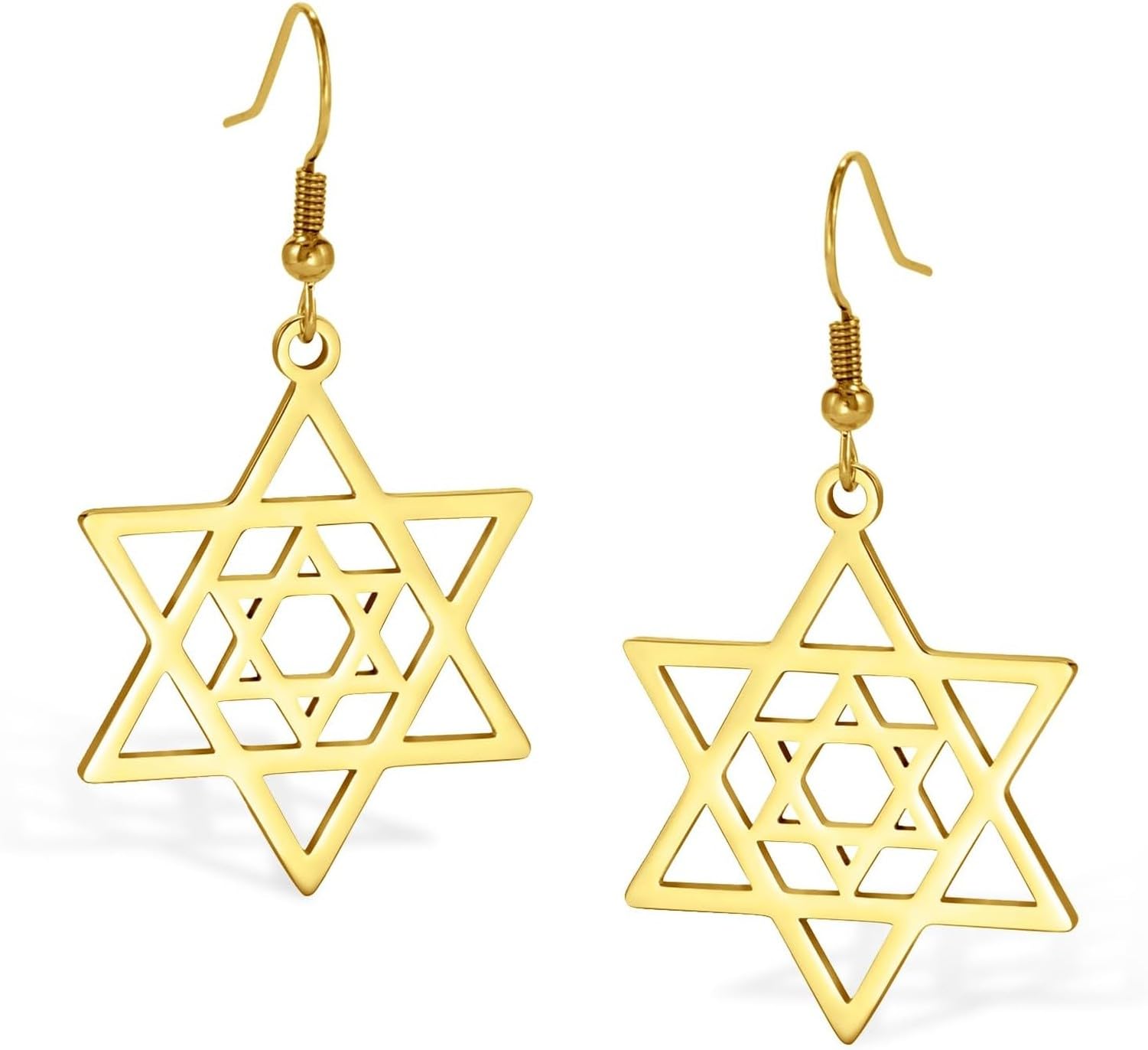 KGAIXN Gold Israeli Star Earrings Stainless Steel Six Pointed Dangle Star of David Drop Earrings Women Christian Jewish for Cross Hanukkah Religion Gift Idea, Gold Star of David-2