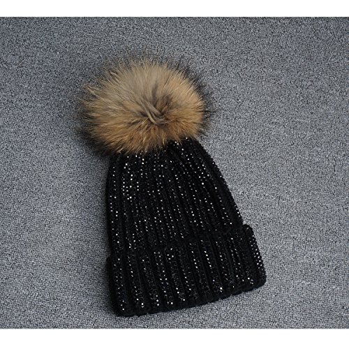 Lawliet Lady Rhinestone Bling Pom Pom Knit Snow Beanie Ski Hat Skull Cap A391 (All Black) #TOP4