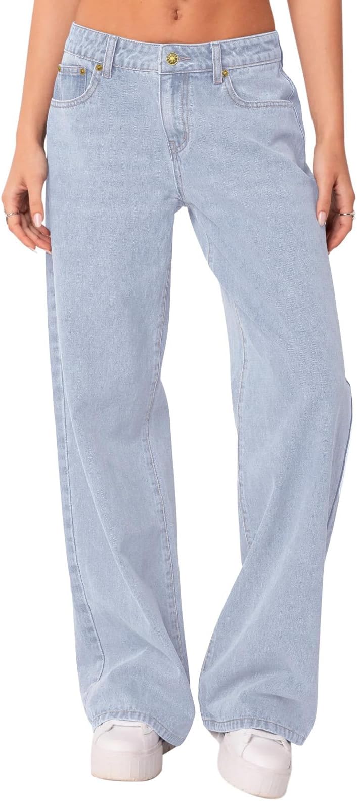 NIMINWomens Vintage Baggy Mid Rise Washed Jeans Loose Straight Wide Leg Y2K High Waisted Denim Pants with Pockets Bleached Blue Large