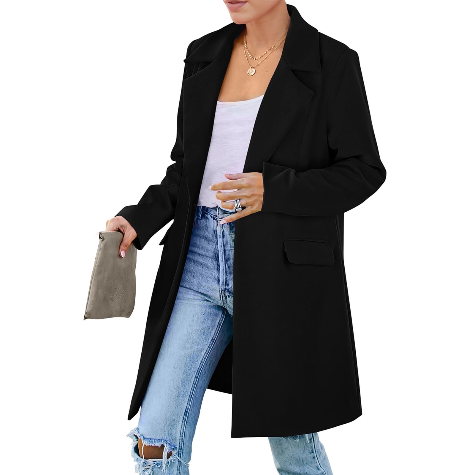 Womens Pea Coat Long Sleeve Lapel Coat Wool Blend Button Down Trench Casual Lightweight Outerwear with Pocket