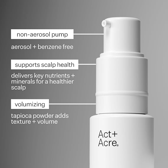 Act+Acre Plant-Based Fulvic Acid Volumizing Dry Shampoo - Natural and Unscented Powder Spray with Fulvic Acid and Rice Refresh Oily Hair and Restore Volume - For All Hair Types (Non-Aerosol)