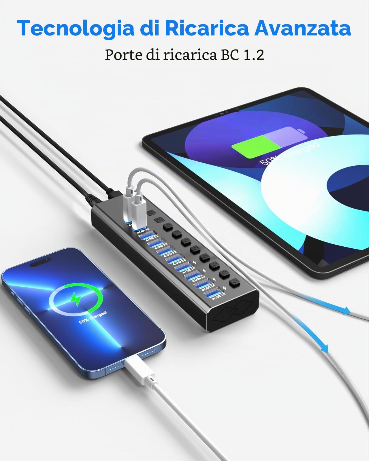 Hub USB 3.2 alimentato a 10 porte 3.2/USB-C Hub (10 Gbps A 3.2 + 2 C + 7 3.0 porte) con singoli interruttori on/off e adattatore di alimentazione da 12 V, in alluminio con messa a terra