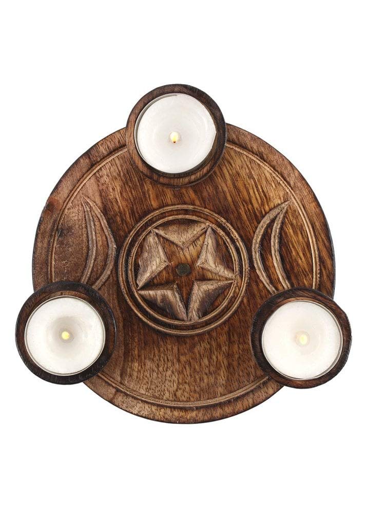 Enchanting Brown Wood Triple Moon Tea Light Candle Holder - 2.5cm x 17.2cm (1 Pc) - Exquisite Decoration, Quality Craftmanship - Ideal for Spiritual Home Decor