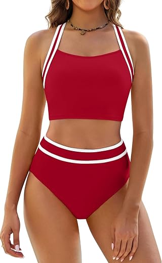 F&amp;M FASHION Women's Two Piece High Waisted Sporty Tummy Control Bathing Suit (Red_X-Large)
