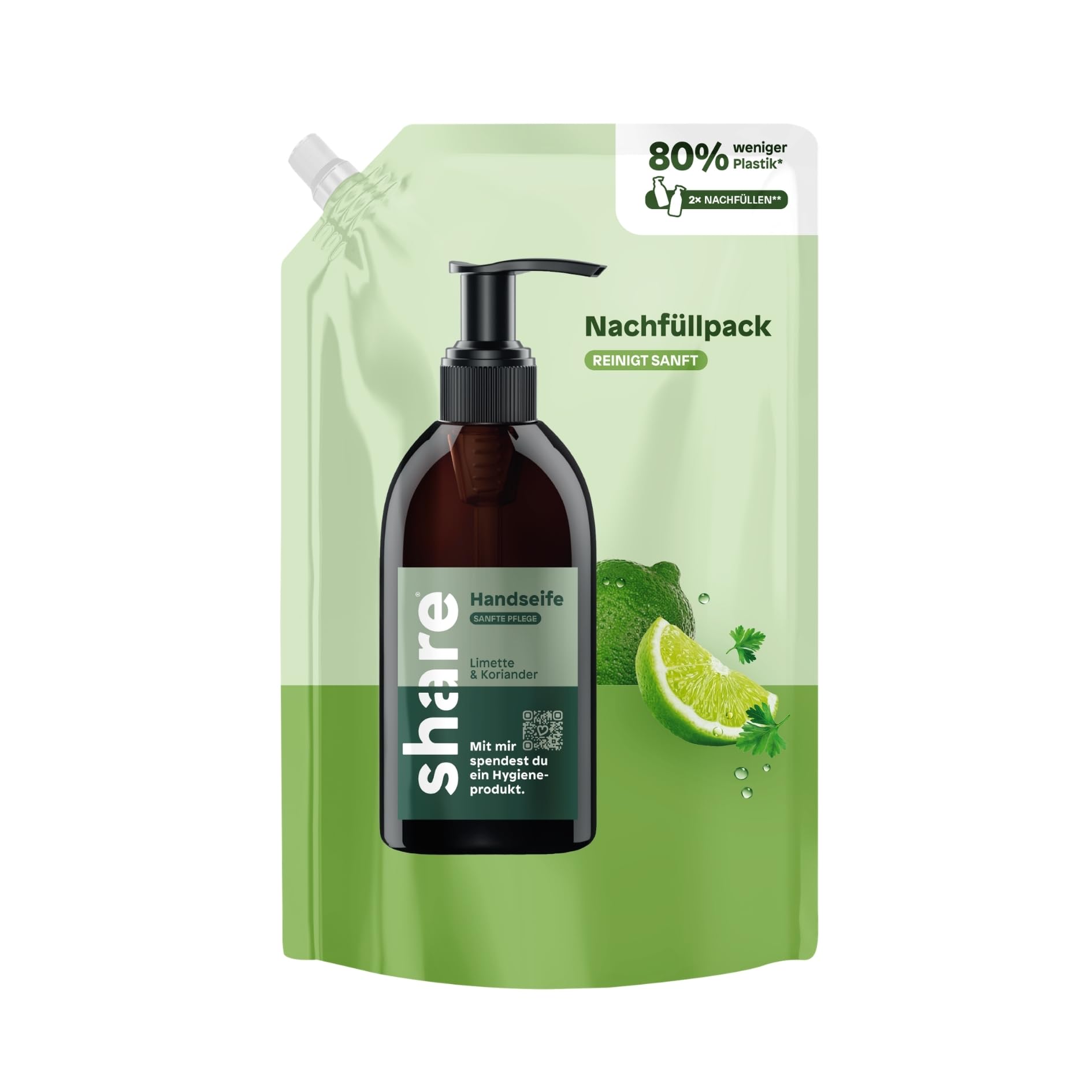 share Flüssigseife Nachfüllpack Limette & Koriander (6x500ml) | Sanfte Reinigung, Vegan, pH-hautneutrale flüssige Seife mit ätherischen Ölen – Jeder Handseife Nachfüllbeutel spendet
