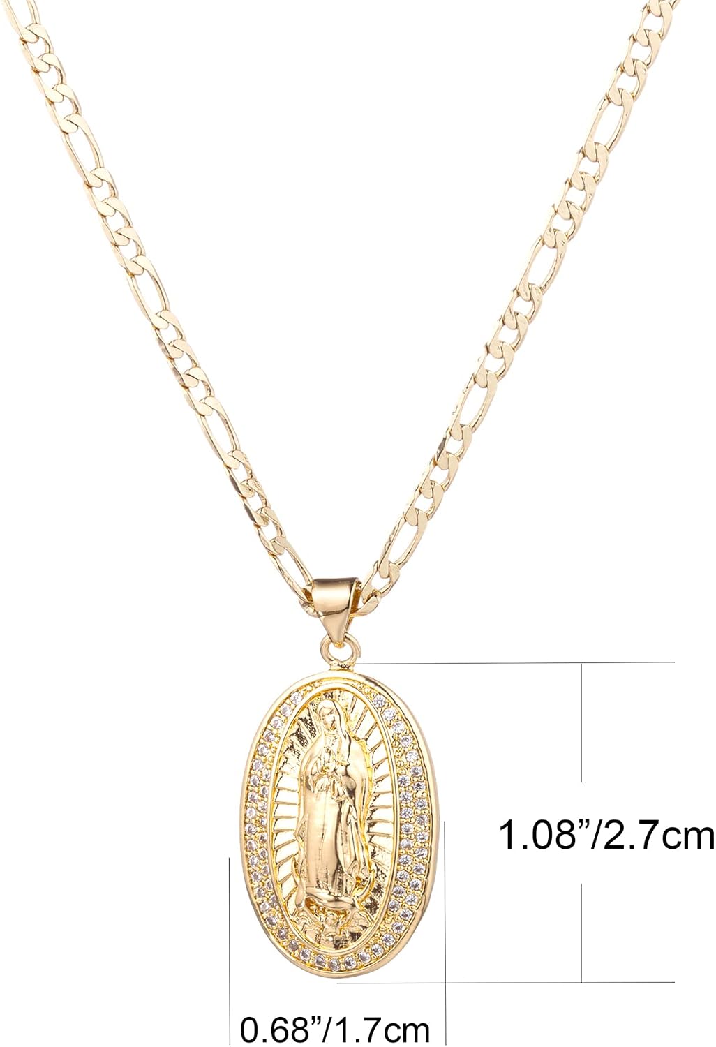 14K Oro Plated Guadalupe Virgen María Medalla Colgante Collar par - Relieve y Grabado Sacro