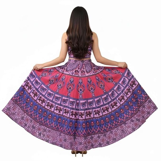 Image of HARSHITA-Enterprises Jaipuri Women's Cotton Printed Elastic Long Skirts