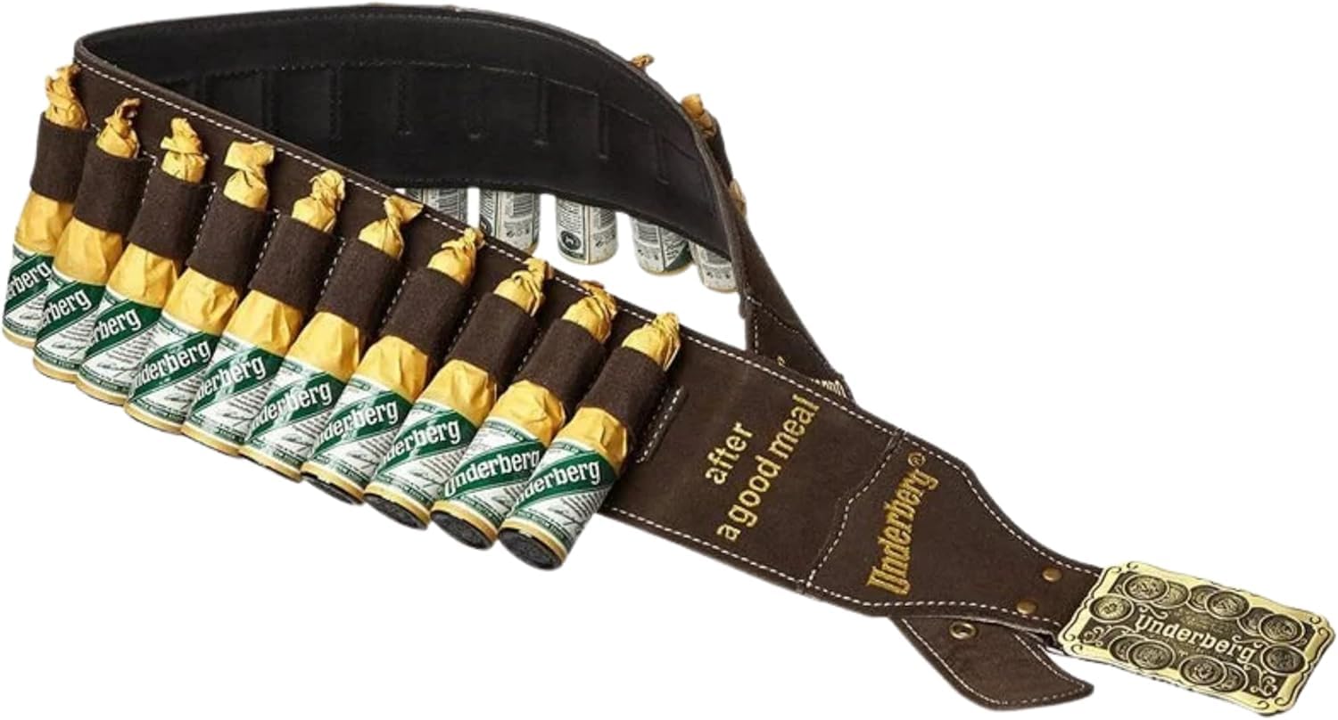 Cintura in Pelle Originale Underberg con 24 Bottigliette Mignon da 2cl Vol. 44% - Liquore Digestivo alle Erbe