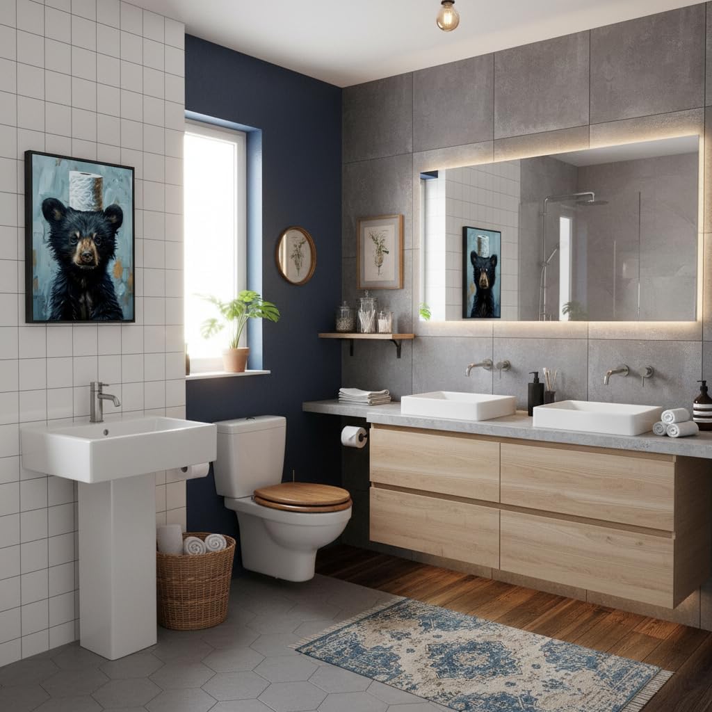 Black Framed Funny Bathroom Bear Canvas Wall Art, Black Bear with Paper Poster Print Artwork, Humor Animal Painting Picture Wall Decor, for Kids Restroom, Cabin, Bathroom, Home Decoration, 12x16in