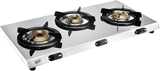 Jyoti Lean 3 Burner Gas Stove Stainless Steel Direct Flame Forged Brass Burners Burners Sturdy Pan Supports Easy Clean Trays ISI Certified (Lean 3B)