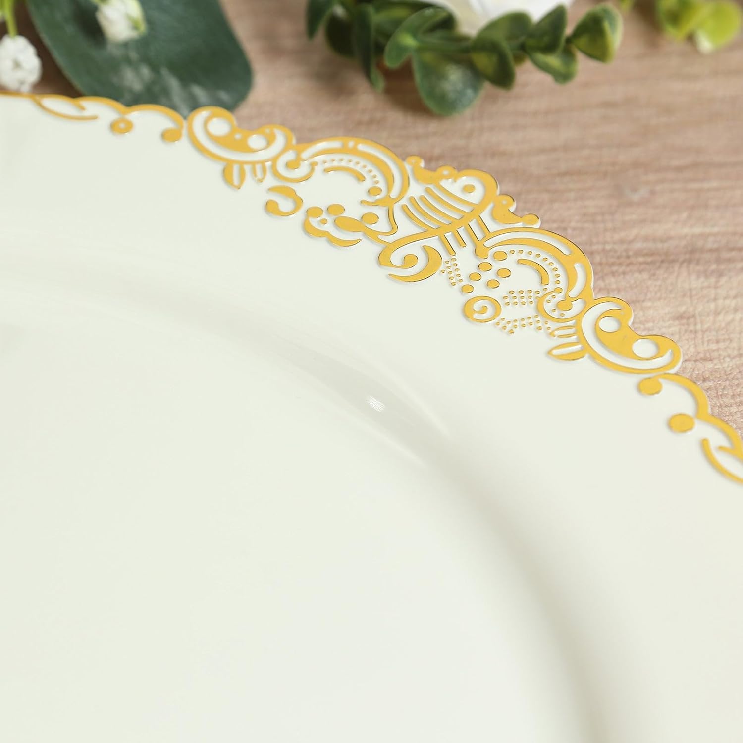 Efavormart 20-Pack Economy Plastic Charger Plates 13" Round Ivory with Gold Embossed Baroque Rim - Stylish Dinner Party Serving Plates