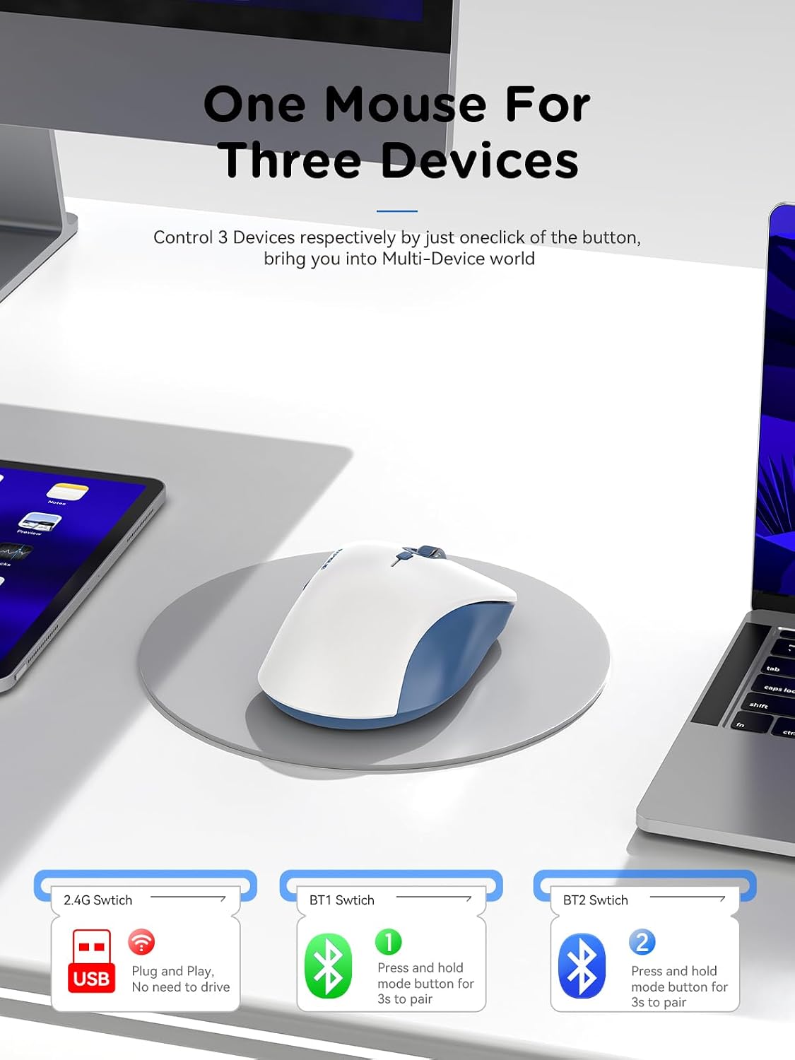 RAPIQUE Bluetooth Wireless Mouse, Dual Bluetooth & 2.4 GHz, Blue and White image 2