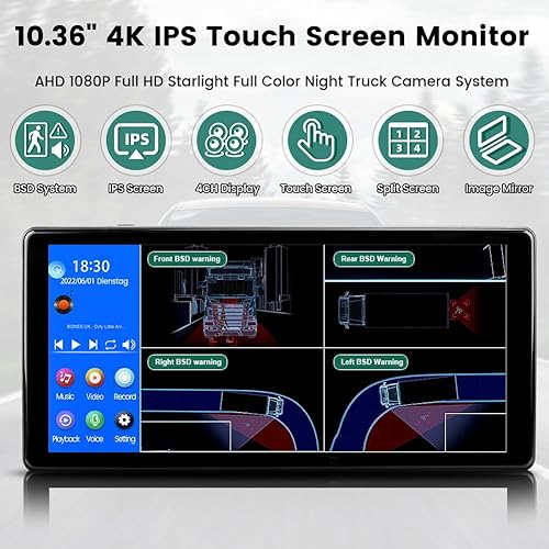Miniatura 2 de Sistema de monitor de cámara de respaldo 4K RV de GreenYi con una pantalla táctil de 10.36", pantalla dividida cuádruple, detección de punto ciego e