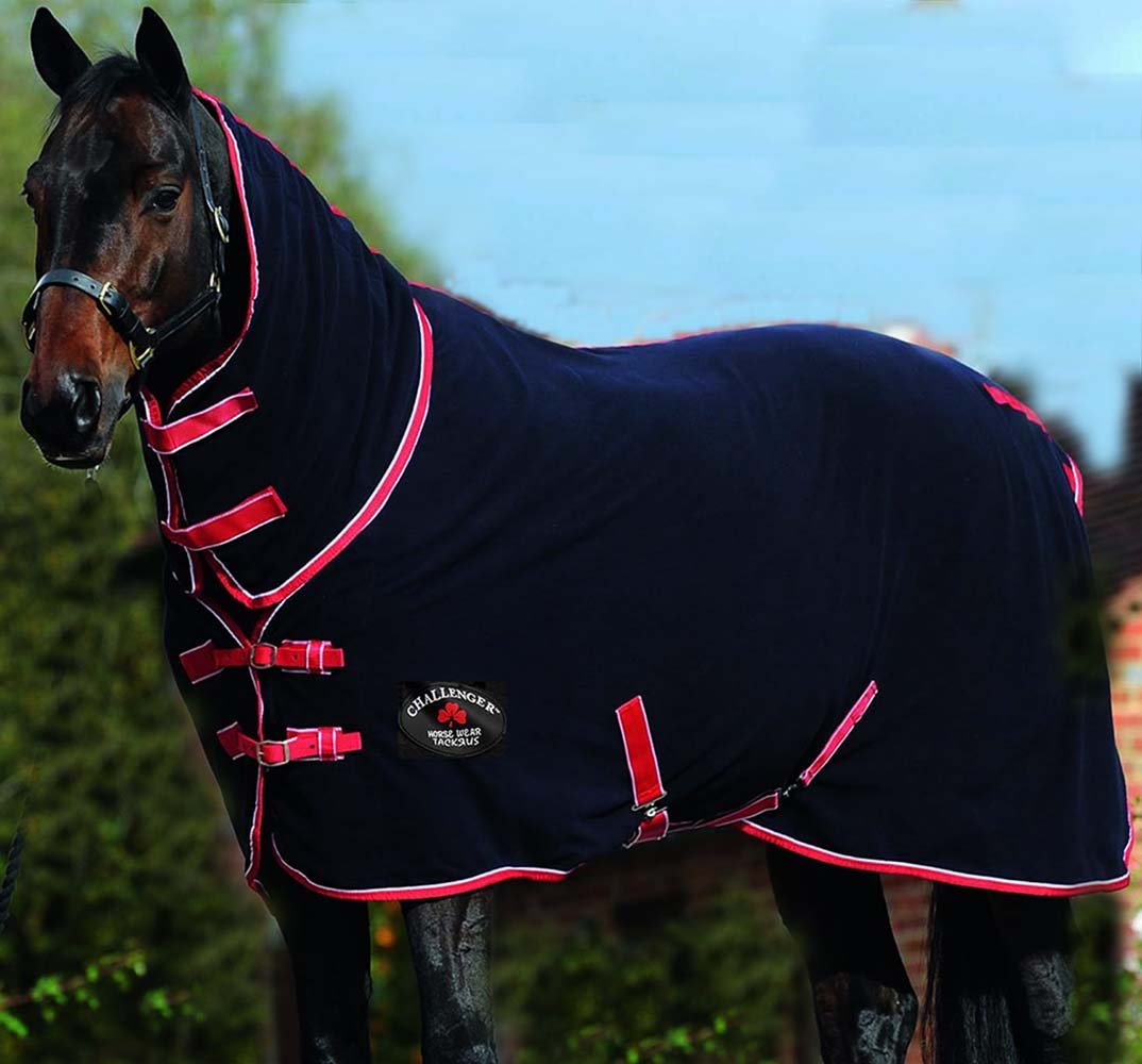 CHALLENGER74" Horse Polar Soft Fleece Cooler Contoured Exercise Sheet Liner Blanket Tough Wicks Moisture Black W/Red Trim Full Neck 4385N