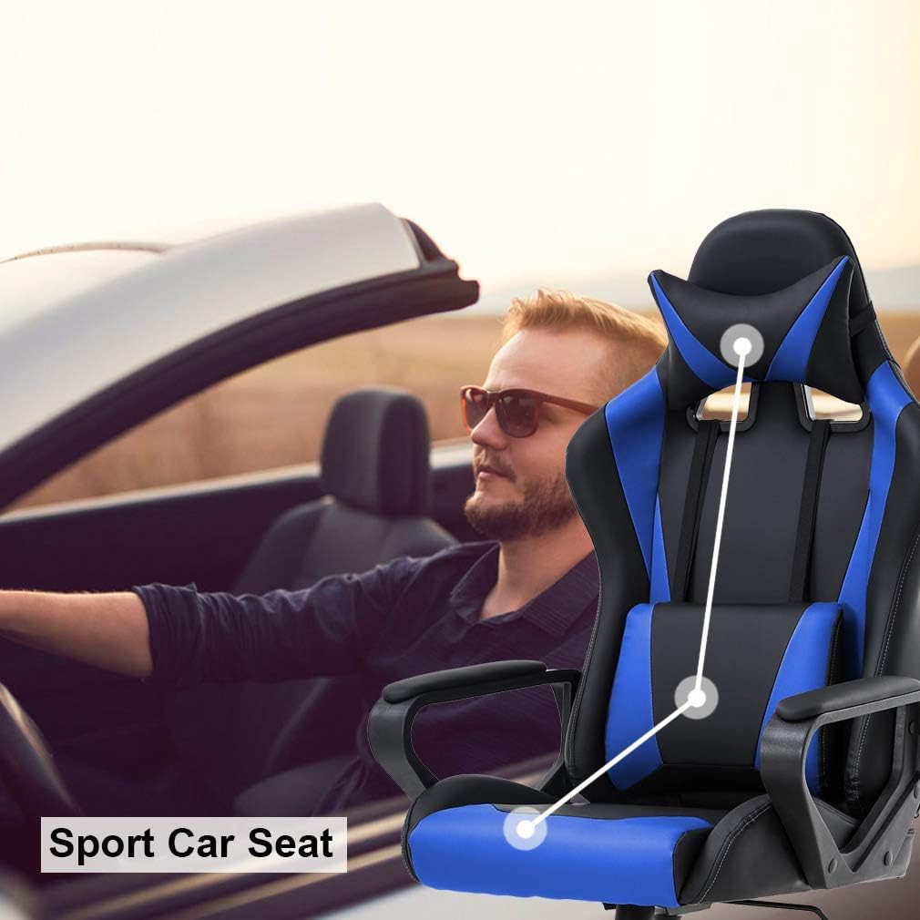 HHS Gaming Chair Computer Chair Video Game Chairs Ergonomic Racing Gamer Chair with Massage Lumbar Support and Headrest Armrest Big and Tall Comfortable Gaming Recliner for Adults Teens, Blue