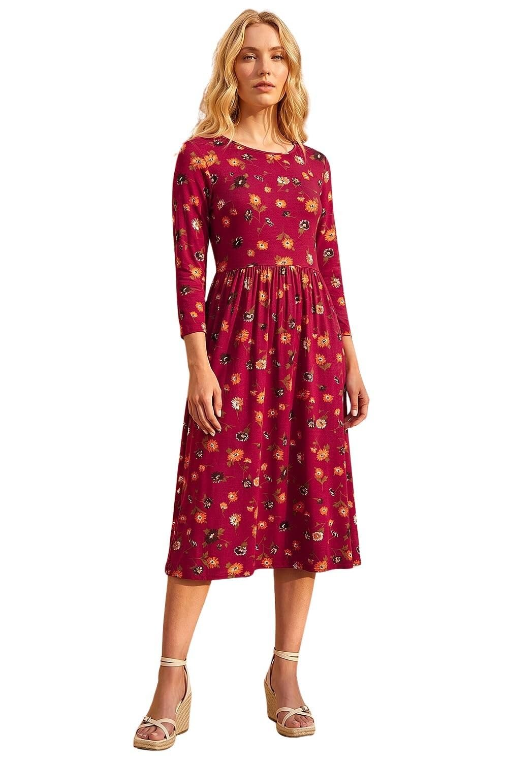 Roman Originals Women's Rust Midi Dress With Pockets For Uk Stretchy Jersey Maxi Long 3/4 Length Sleeve Gathered High Waist Boho Flattering Skater Swing Fit Flare - Size 18