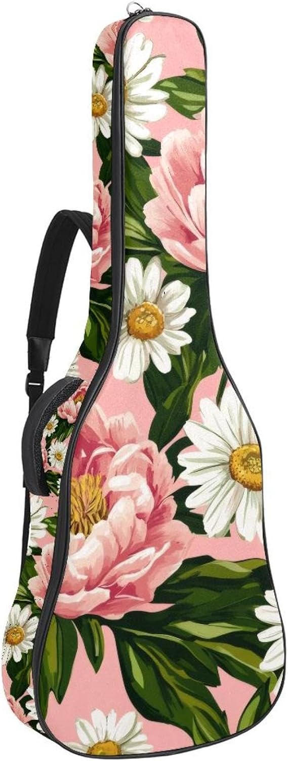 40 41 42 Inch Acoustic Guitar Bag, 0.4 In Thick Sponge Padded Guitar Case Gig Bag with Back Hanger Loop and 2 Pockets, Peony Flowers Daisies Green Leaves Pink Background