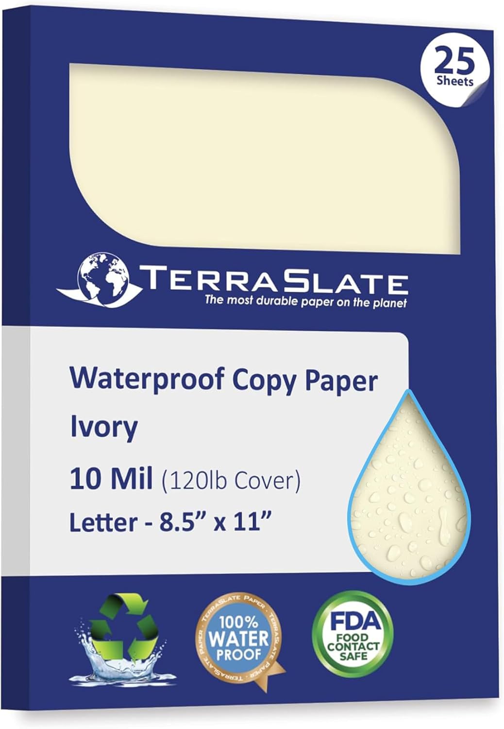 TerraSlate Waterproof Paper, Rip-Proof Colored Paper, Ivory, 25 Sheets, 10 Mil (120lb Cover), 8.5" x 11", Laser Printer and Copy Machine Compatible