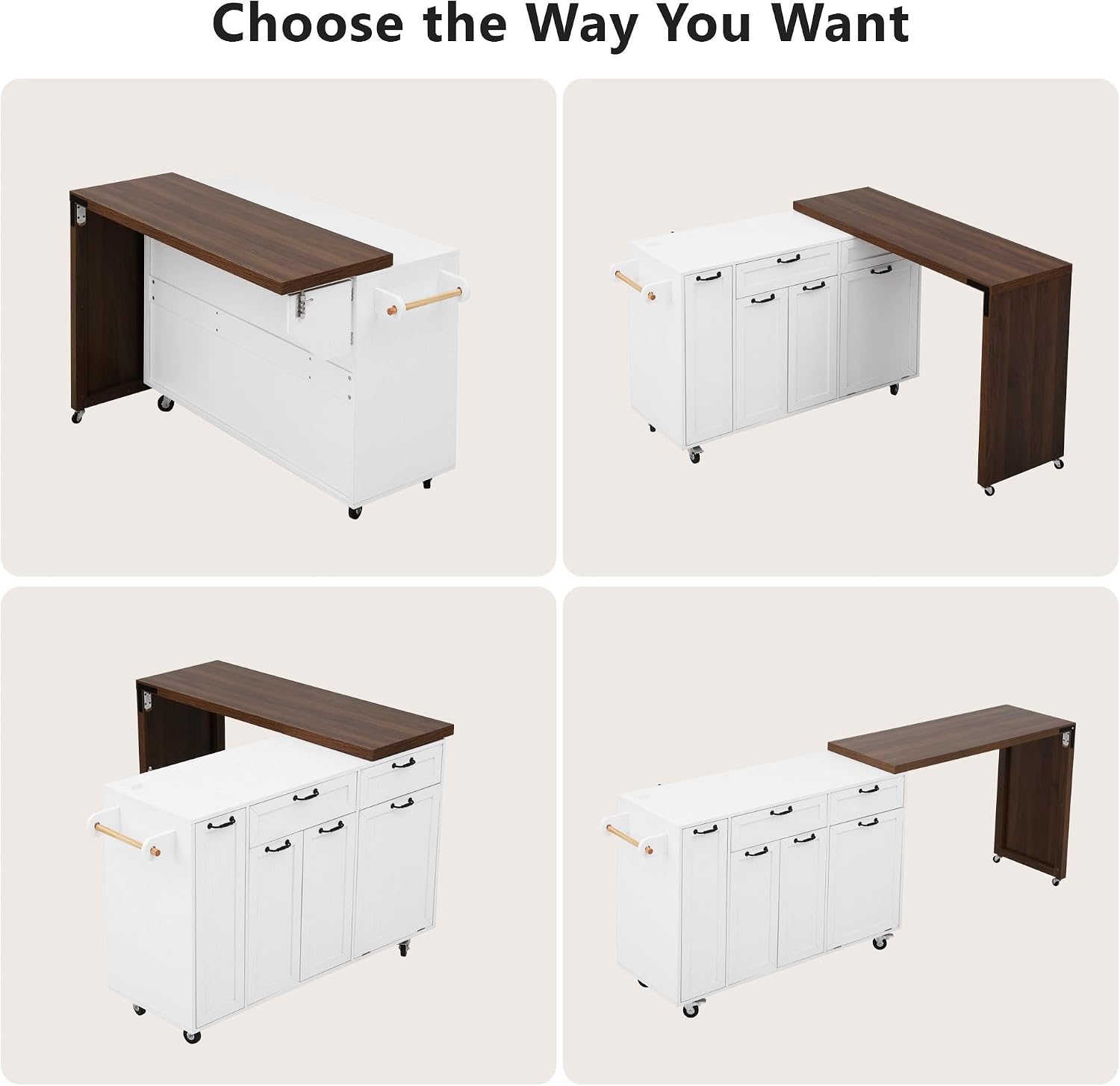 Merax 102.3'' Kitchen Islands with Extendable Dining Table, Rolling Kitchen Cart on Wheels with Trash Cabinet, Stoarge Drawers & Pull Out 3-Tier Spice Rack (Extends from 56.5" to 102.3")(Oak White)