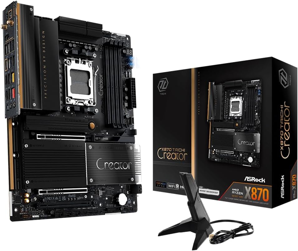 X870 Taichi Creator ATX Motherboard, AMD AM5 Ryzen 9000-7000, DDR5 8000+ (OC), Dual PCIe 5.0, USB4, 10G+5G LAN, Wi-Fi 7, 18+2+1 Phase 80A SPS